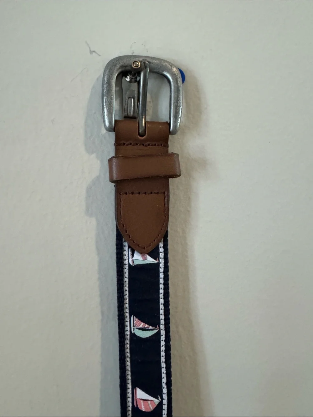 Janie and Jack Navy Sailboat Ribbon Belt with Brown Leather Accents 2t to 3